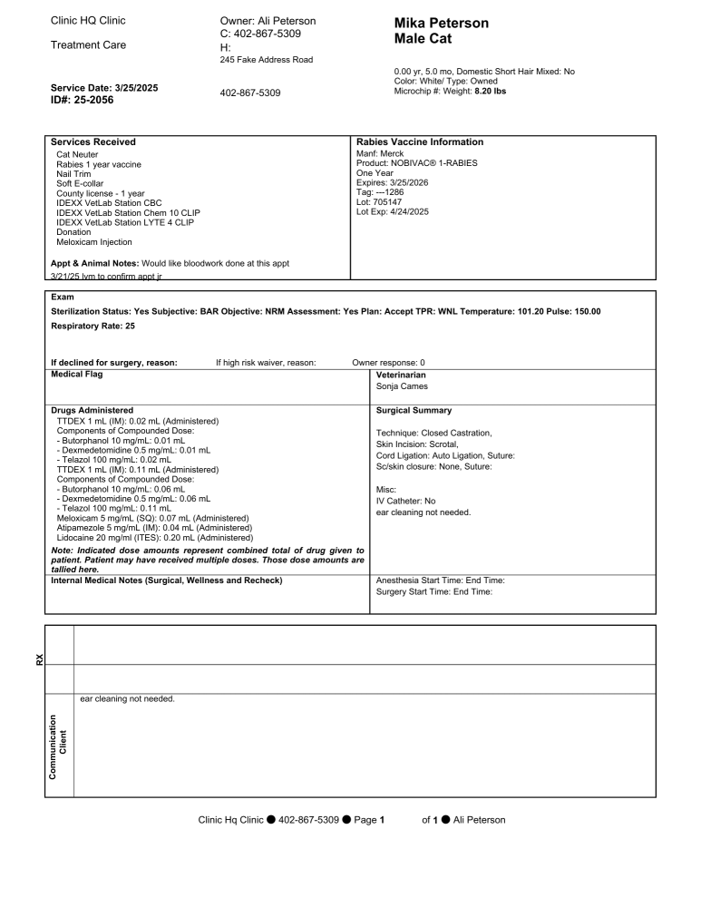Here is an example treatment sheet.