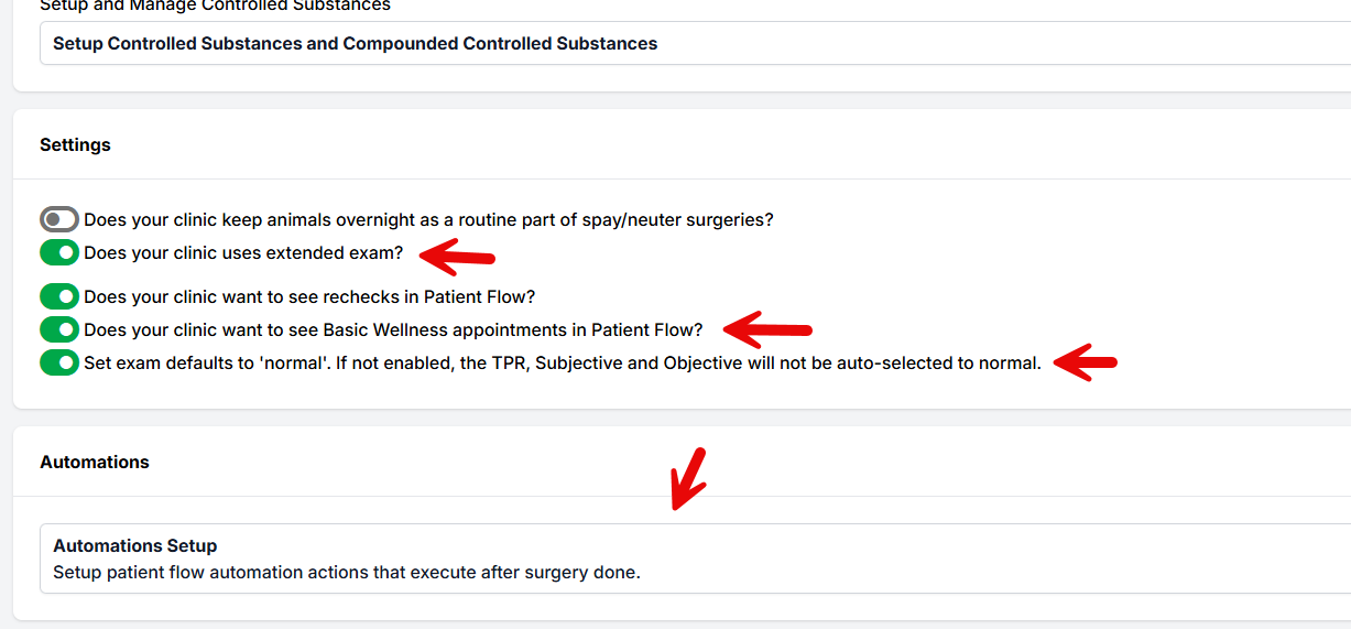Patient Flow Setup showing the overnight, extended exam, recheck, Basic Wellness, exam-default, and Automations settings.