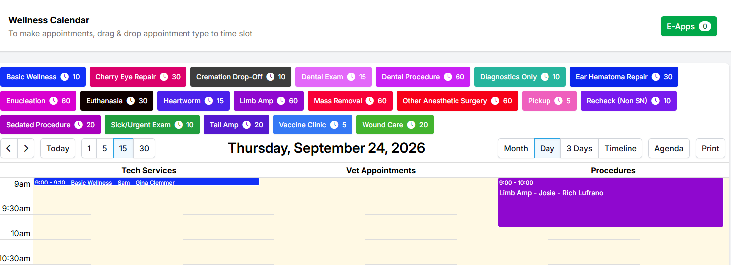 Wellness Calendar configured with Tech Services, Vet Appointments, and Procedures room columns, showing Basic Wellness and Limb Amputation appointments.