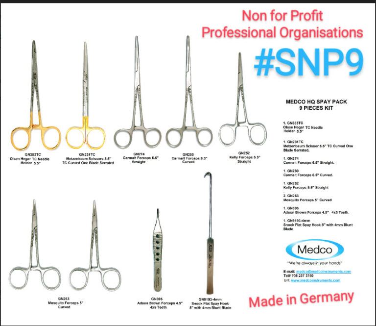 An HQ spay/neuter pack: nine German steel surgical instruments plus towels, wraps, drape, gauze, and a sterilization strip.